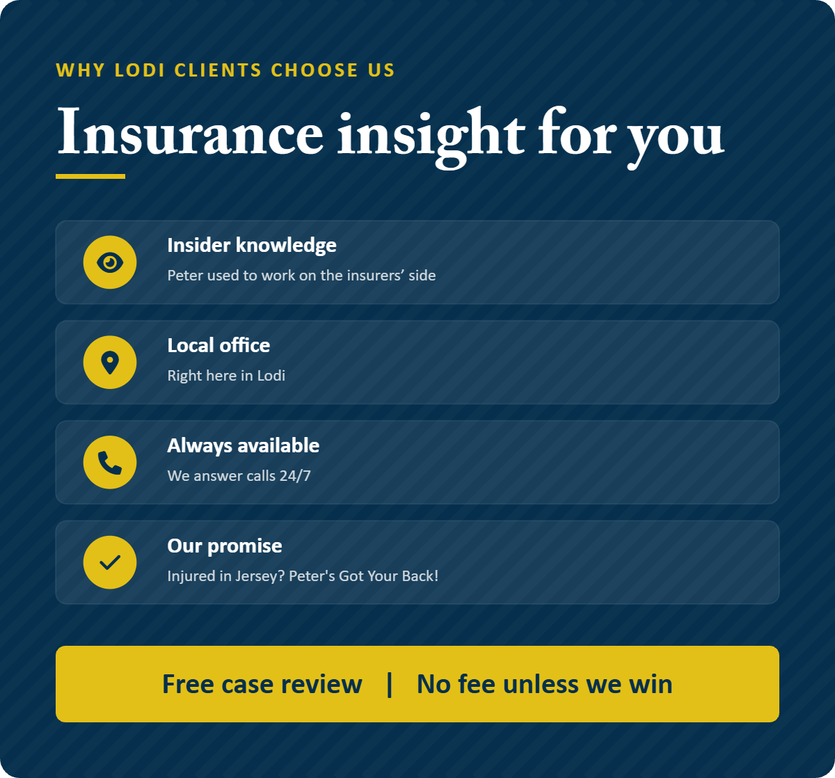Infographic: why insurance insight helps our Lodi back injury lawyers, including insider knowledge, local office, always available, and our promise