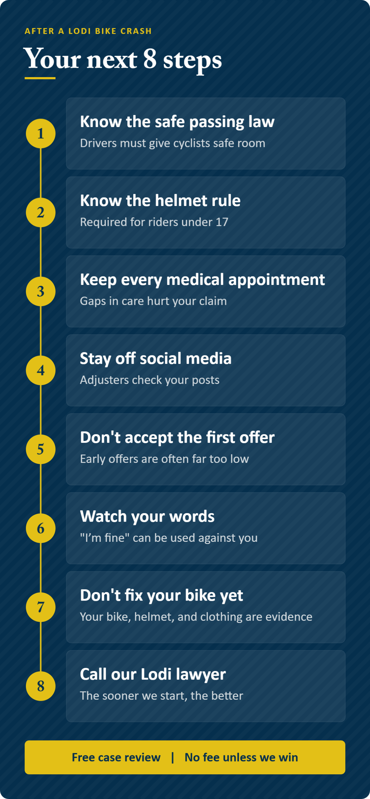Infographic: your next 8 steps after a Lodi bicycle accident, from know the safe passing law to calling our Lodi lawyer