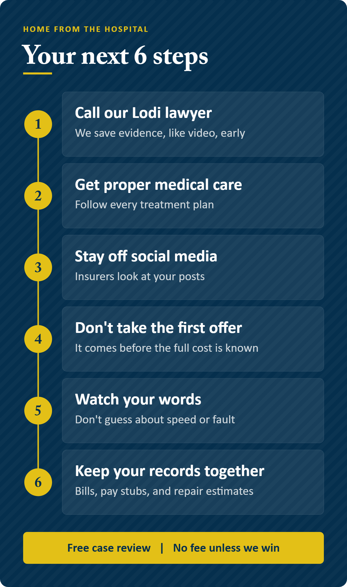 Your next 6 steps after a Lodi motorcycle accident Infographic: your next 6 steps once you are home from the hospital after a Lodi motorcycle accident, from calling our Lodi lawyer to keep your records together