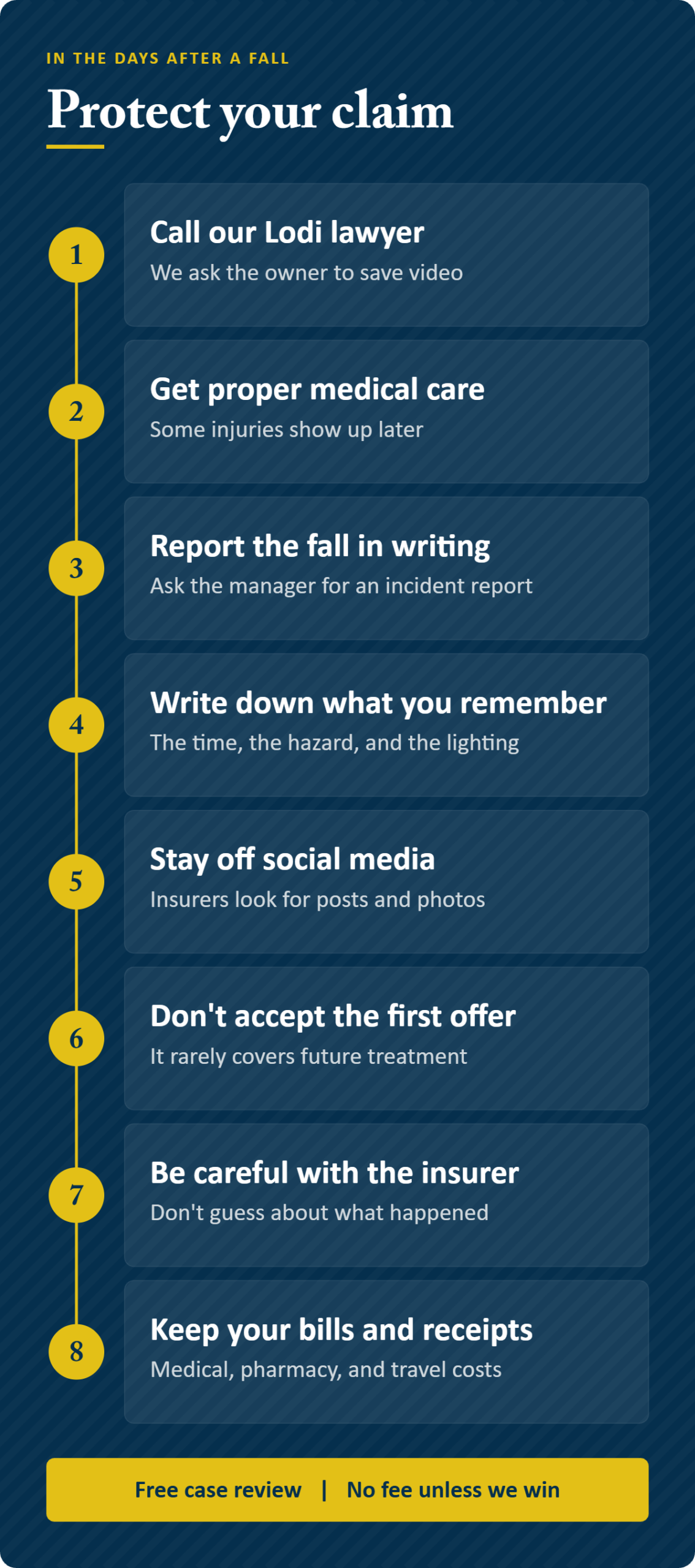 Protecting your claim in the days after a fall in Lodi Infographic: how to protect your claim in the days after a fall in Lodi, from calling our Lodi lawyer to keep your bills and receipts
