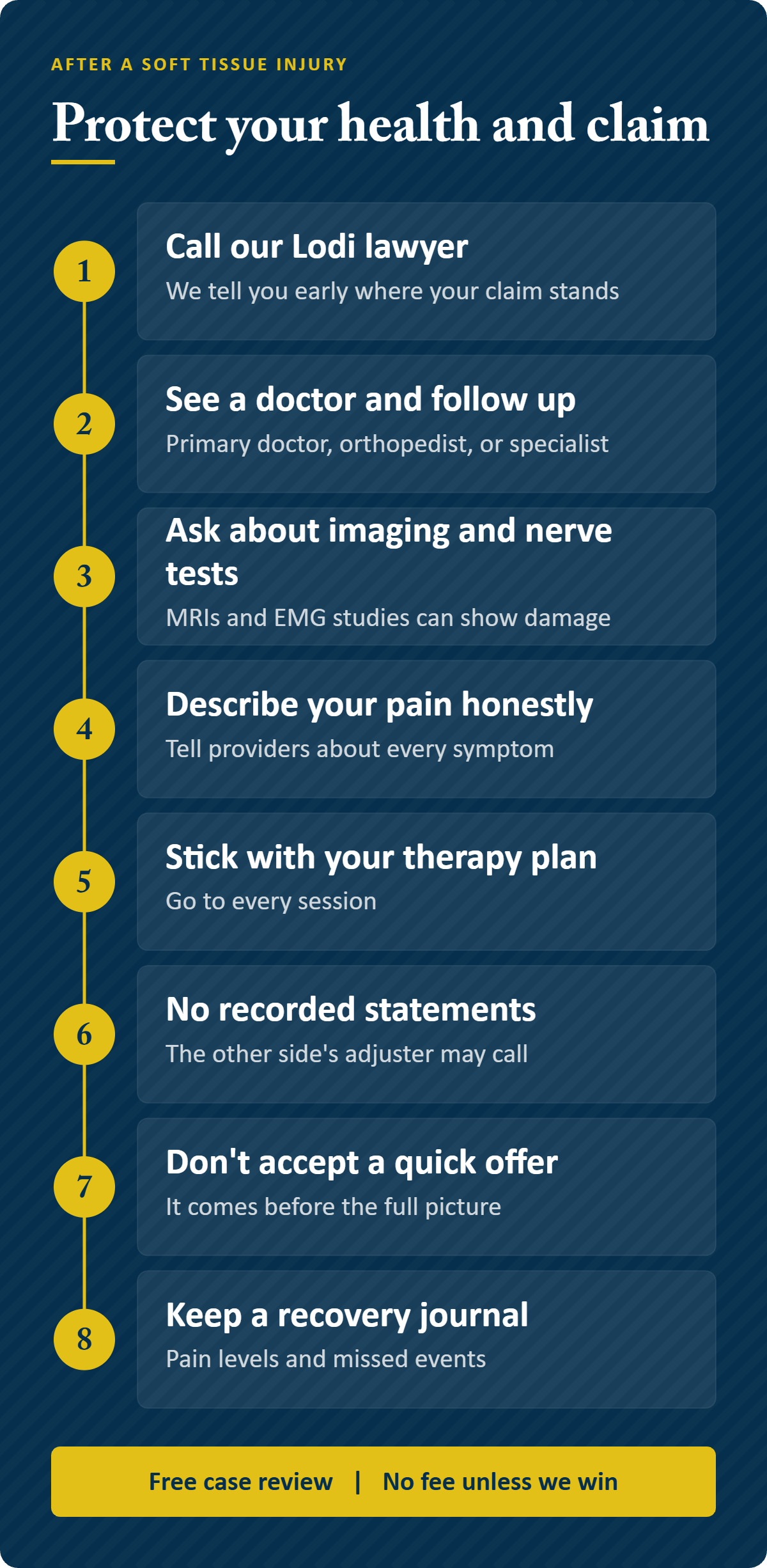Steps to protect your health and your soft tissue injury claim Infographic: the steps to protect your health and your Lodi soft tissue injury claim, from calling our Lodi lawyer to keep a recovery journal