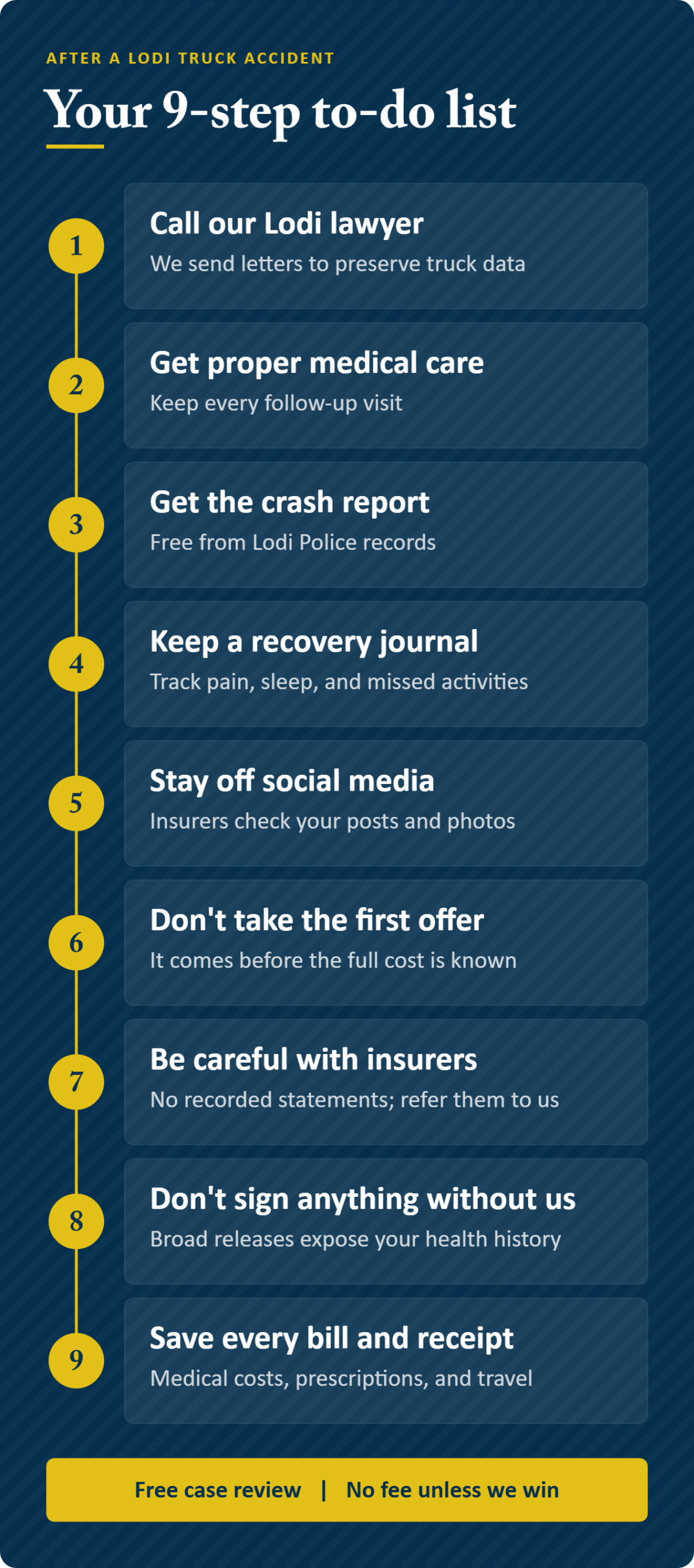 Infographic: your first 9 steps after a Lodi truck accident, from calling a lawyer to preserve truck data to saving every bill and receipt