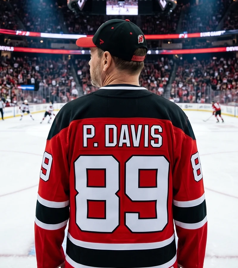 fan in a P. Davis 89 New Jersey Devils jersey inside Prudential Center